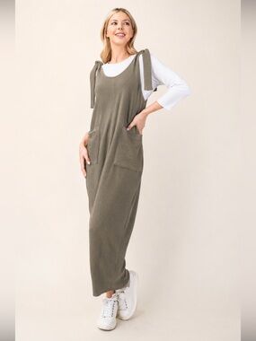 Celeste Olive Tie-Shoulder Ribbed Jumpsuit 2X